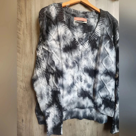 Anthropologie Pilcro Joni Cable Knit V-Neck Tie Dye Navy White Sweater Small - Picture 6 of 10
